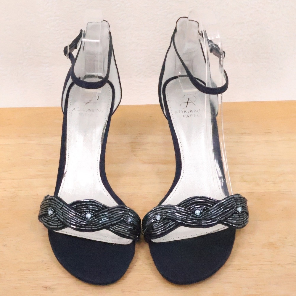 Adrianna Papell Beaded Ankle Strap Kitten Heel Shoes Womens Size 9 Navy Blue